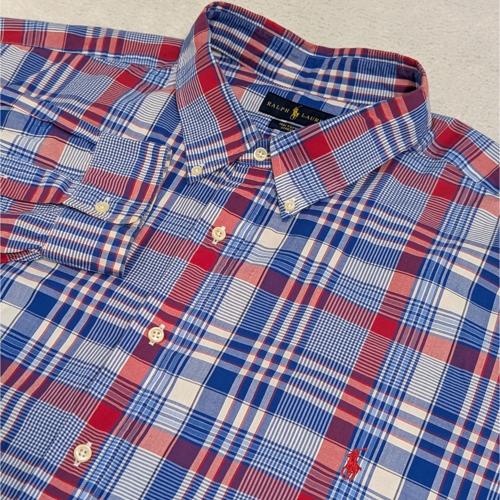 Ralph Lauren Men's 4XB Button Down Shirt Blue Red Plaid Long Sleeve Stretch